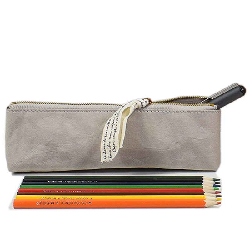 Washable Kraft Paper Simple Pencil Case Bag Pouch Durable with Brass Zipper Match Color Design 