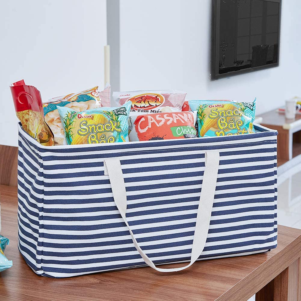 Canvas Collapsible Utility Tote Reusable Grocery Shopping Large Bag Laundry Carry Bag Wire Frame Rectangular Canvas Basket 