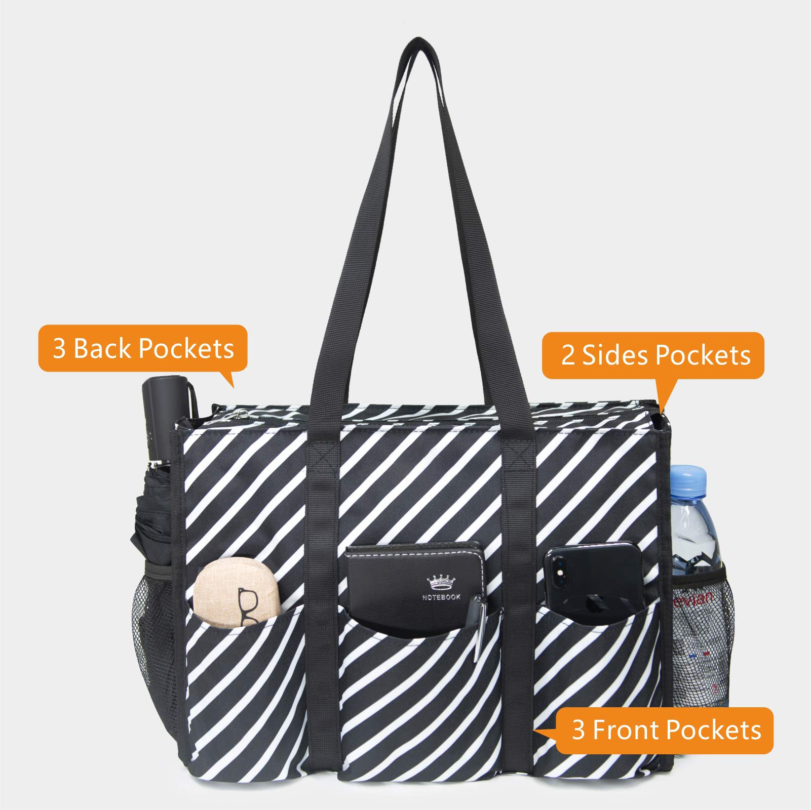 Utility Water Resistant Tote Bag with Multi Exterior & Interior Pockets Top Zipper Closure & Thick Bottom Support