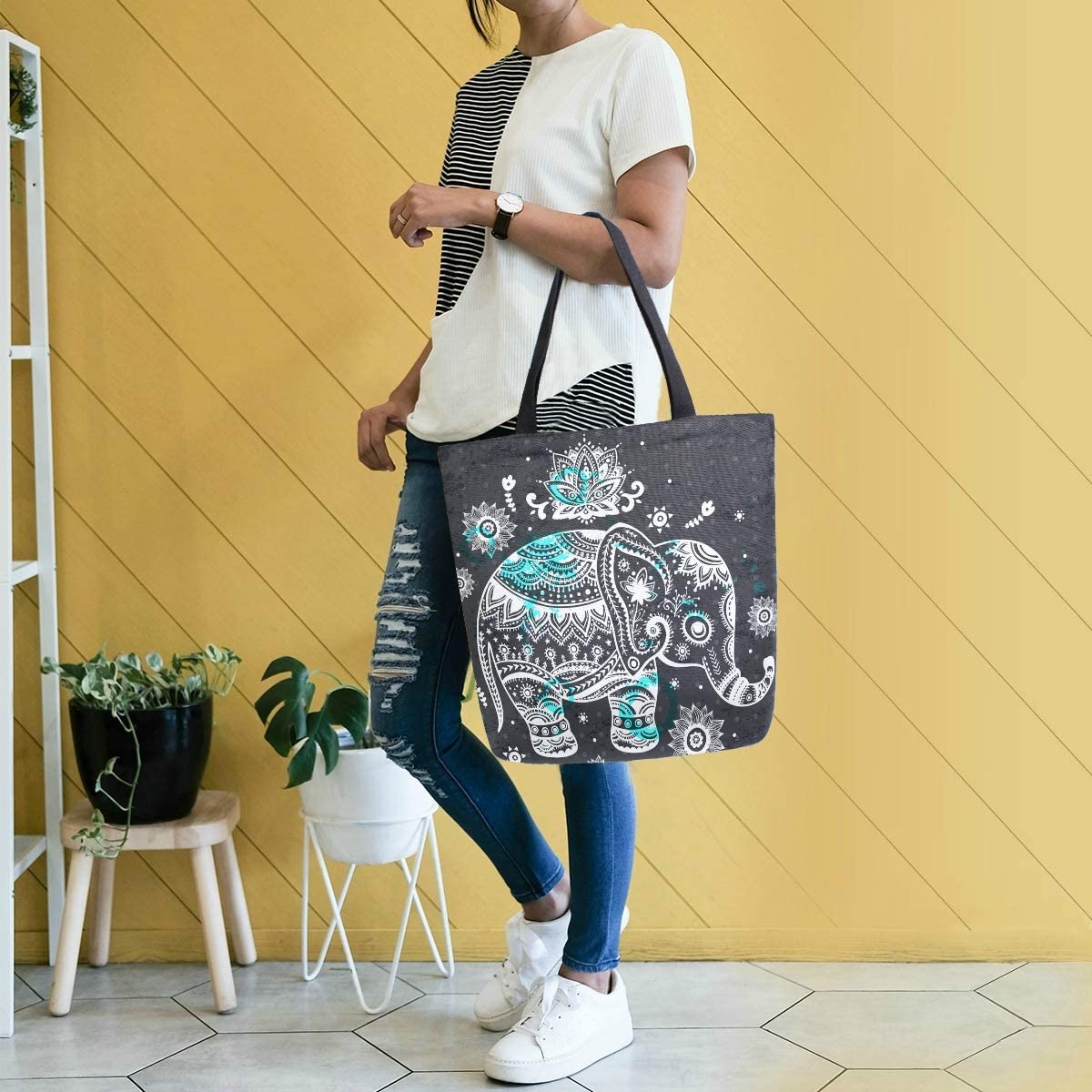  Elephant Printed Canvas Tote Bag Large Women Casual Shoulder Bag Handbag Reusable Multipurpose Heavy Duty Shopping Grocery Cotton Bag 