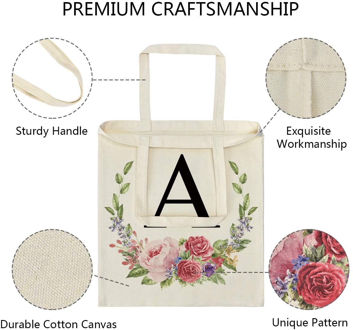 Reusable Eco - Friendly Personalized Floral Initial Canvas Tote Bags for Women Girls Grocery Shopping Bags Gift Bags 