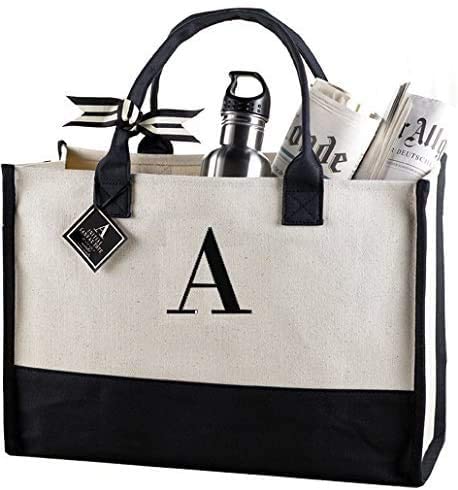 Classic Black and White Initial Canvas Tote Bags Shopping Bag Functionable Bag with Shoulder Strap 