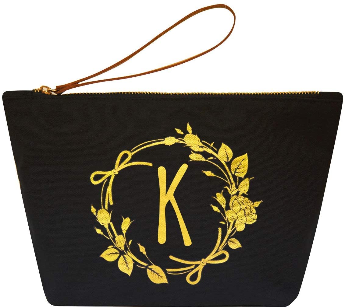 Canvas Black Cosmetic Bag Elegant Wedding Gifts for Bride Monogrammed Personalized Gifts for Women Travel Makeup Bag Pouch for Birthday Gifts Teacher Gifts 
