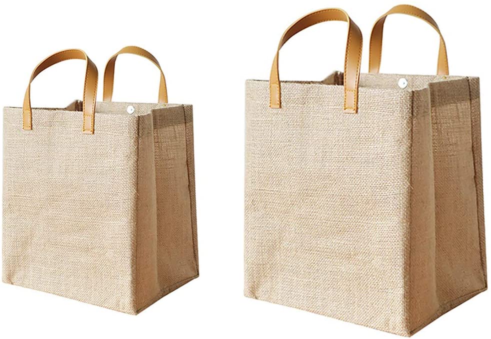  Burlap Tote Bags Blank Shopping Bag Jute Gift Bags Reusable Grocery Bag with PU Leather Handle 
